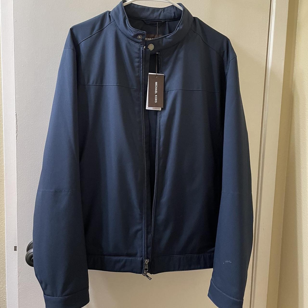 Michael kors blue leather on sale jacket