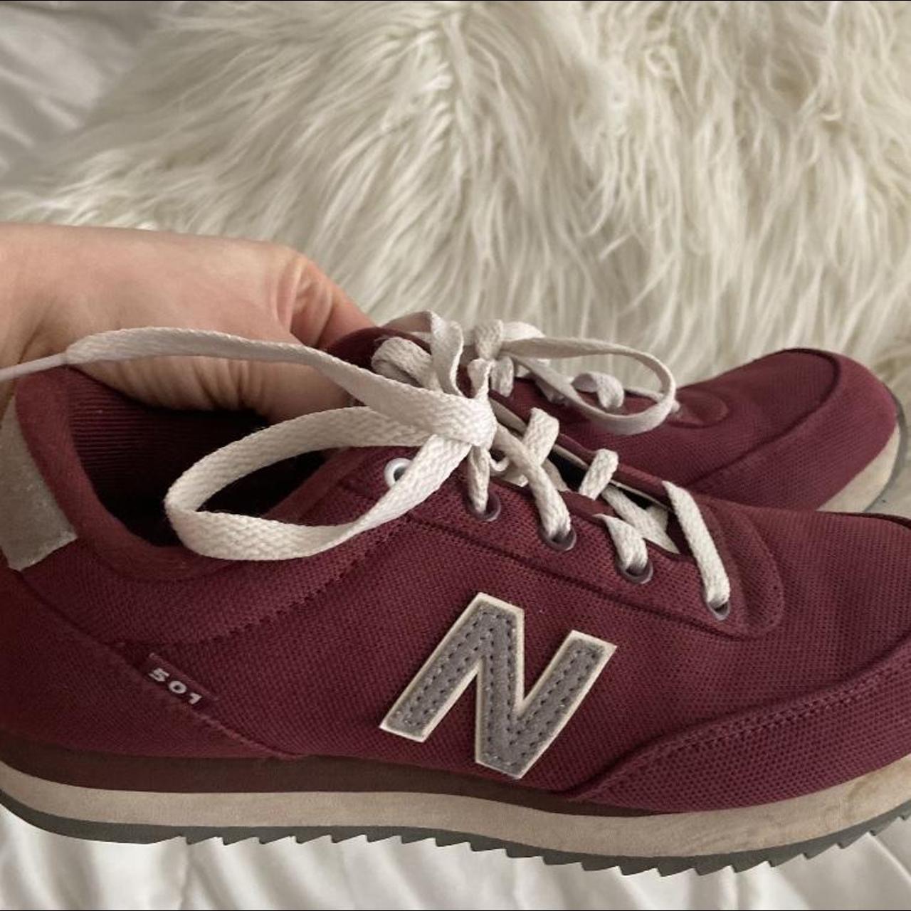 New Balance Women's Burgundy and White Trainers | Depop