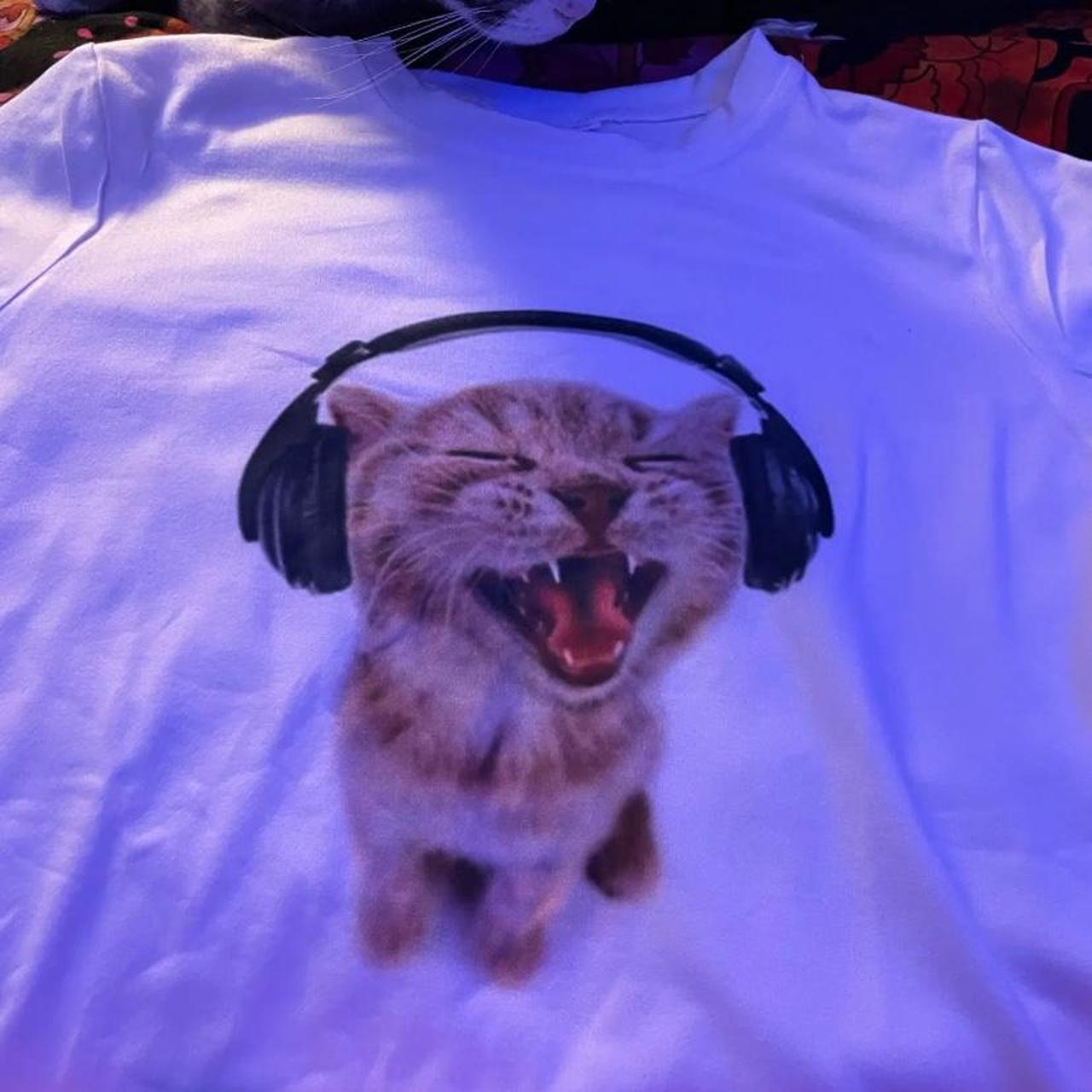 Cute White crop top Headphone Cat Meme