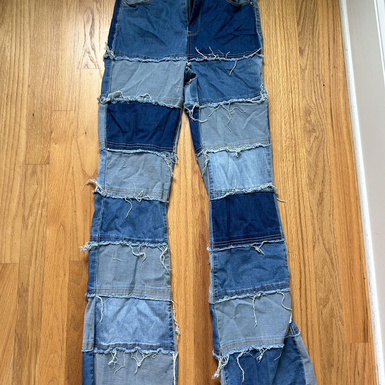 Blue denim-patchwork-jeans - Depop