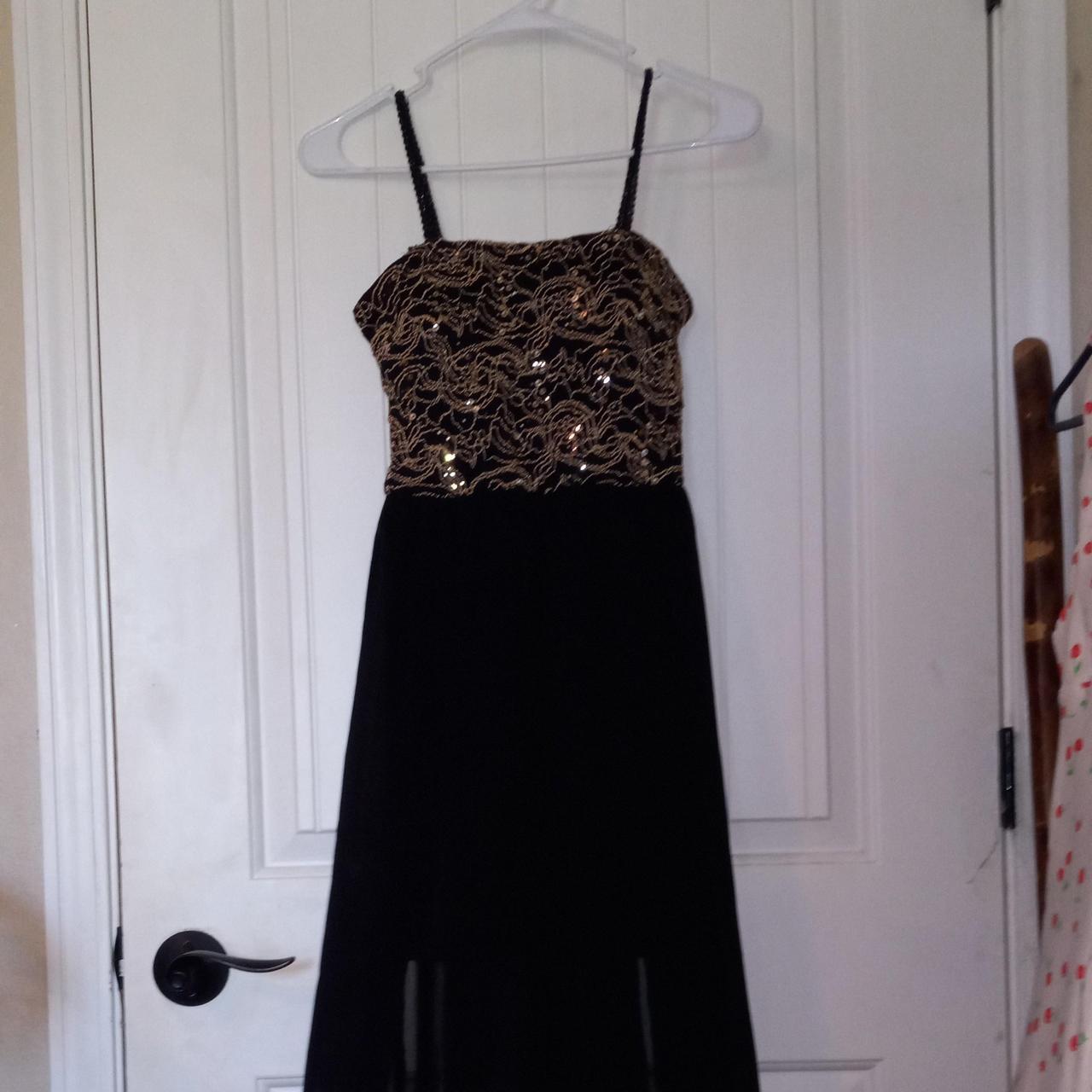 Early 2000s prom dress with gold stitching and... - Depop