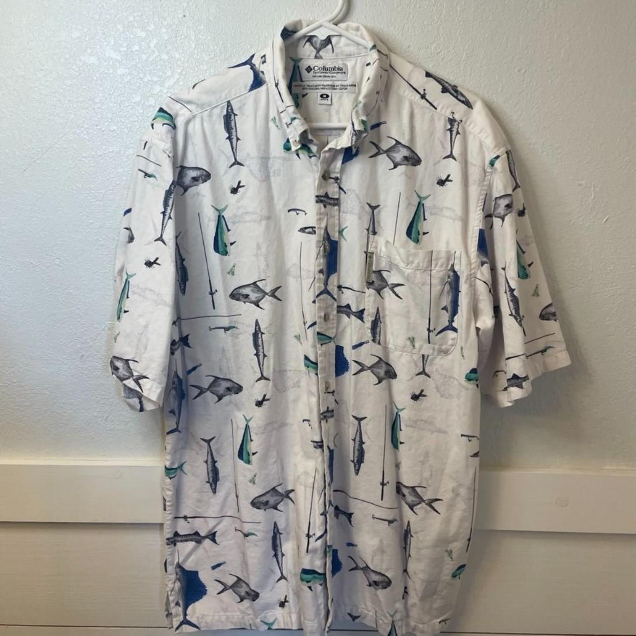 Columbia Fish and Fishing Rods Graphic Button Down - Depop