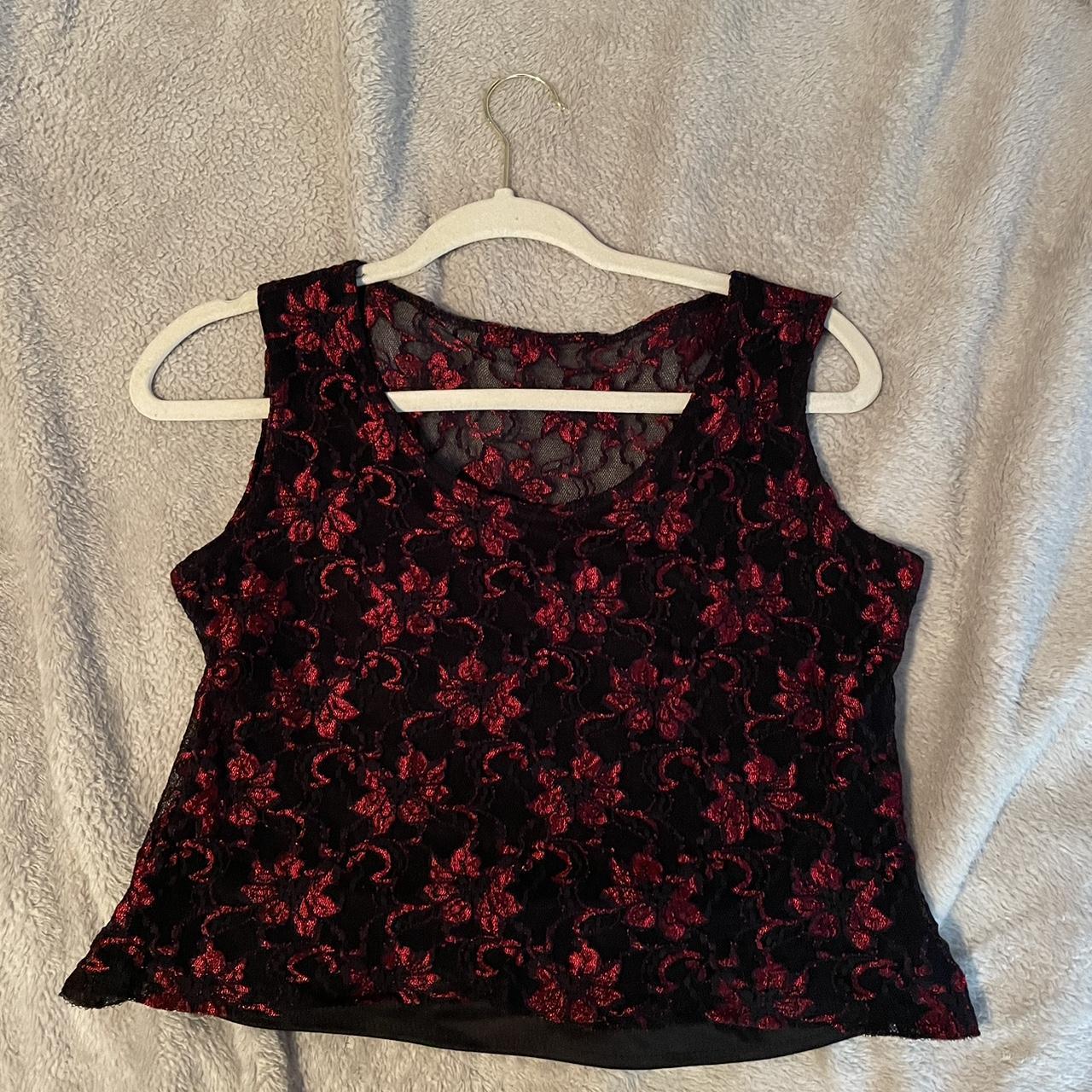 Red and black flower mesh top Size L - Depop