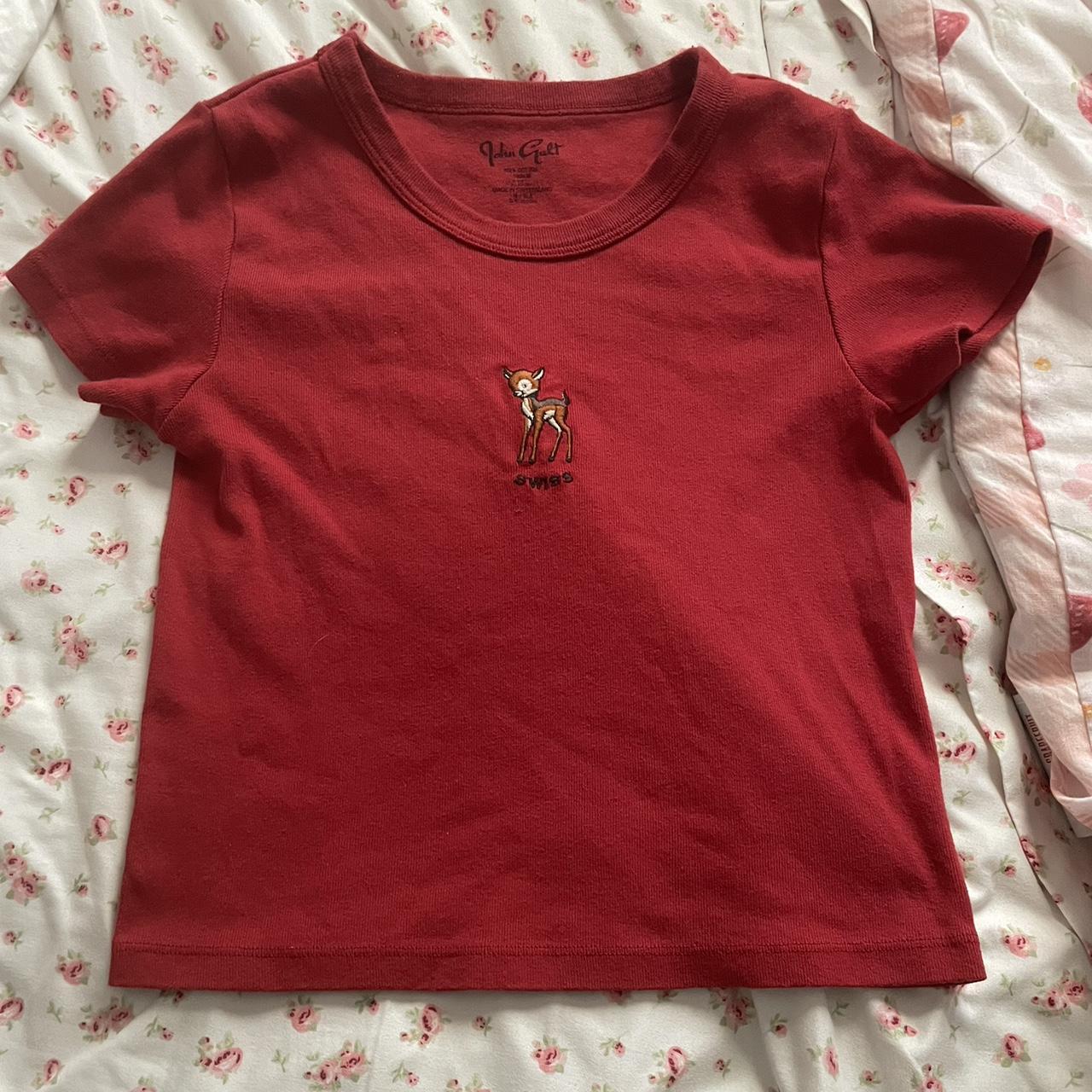 Brandy Melville red baby tee little deer Swiss top... - Depop