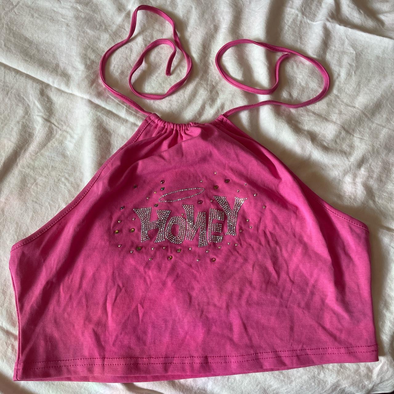 Hot pink “honey” angelic rhinestone crop top halter... Depop