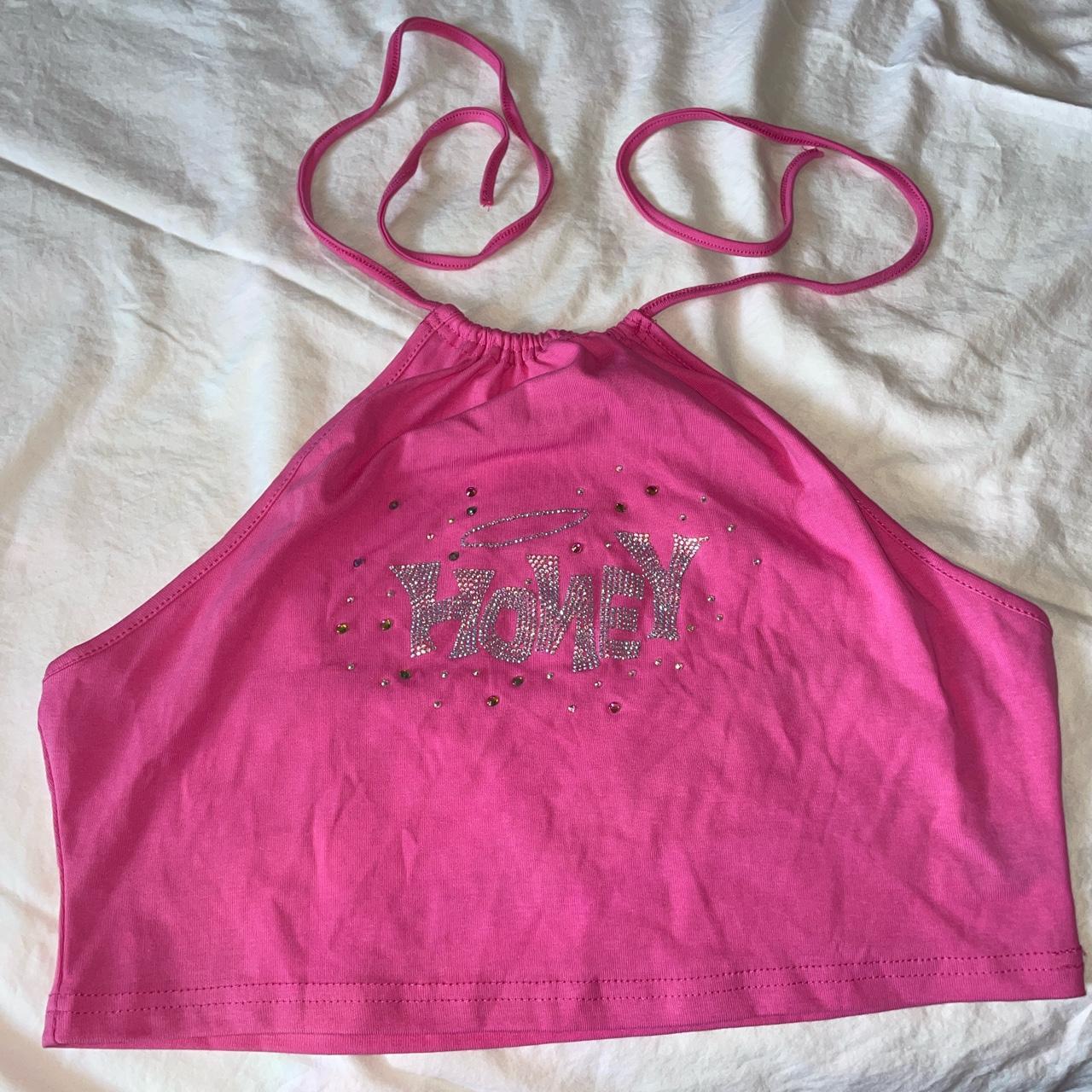Hot pink “honey” angelic rhinestone crop top halter... Depop