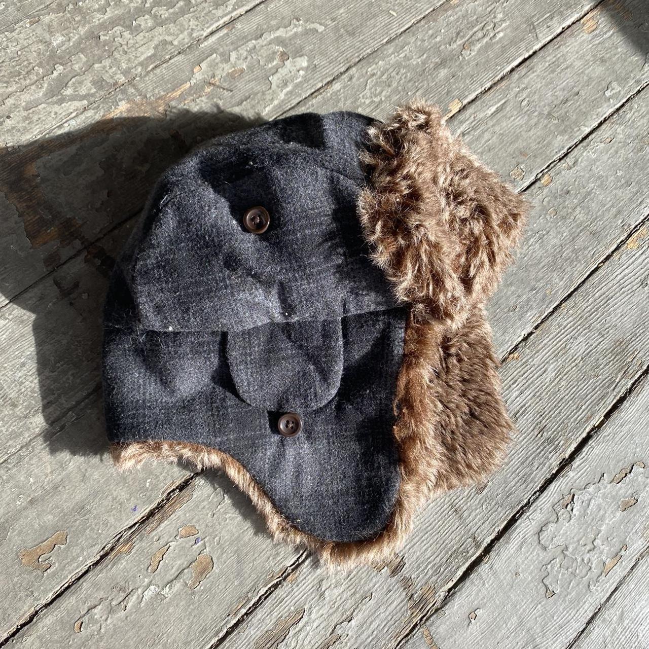 Trapper hat / Aviator hat plaid with brown fur.... - Depop