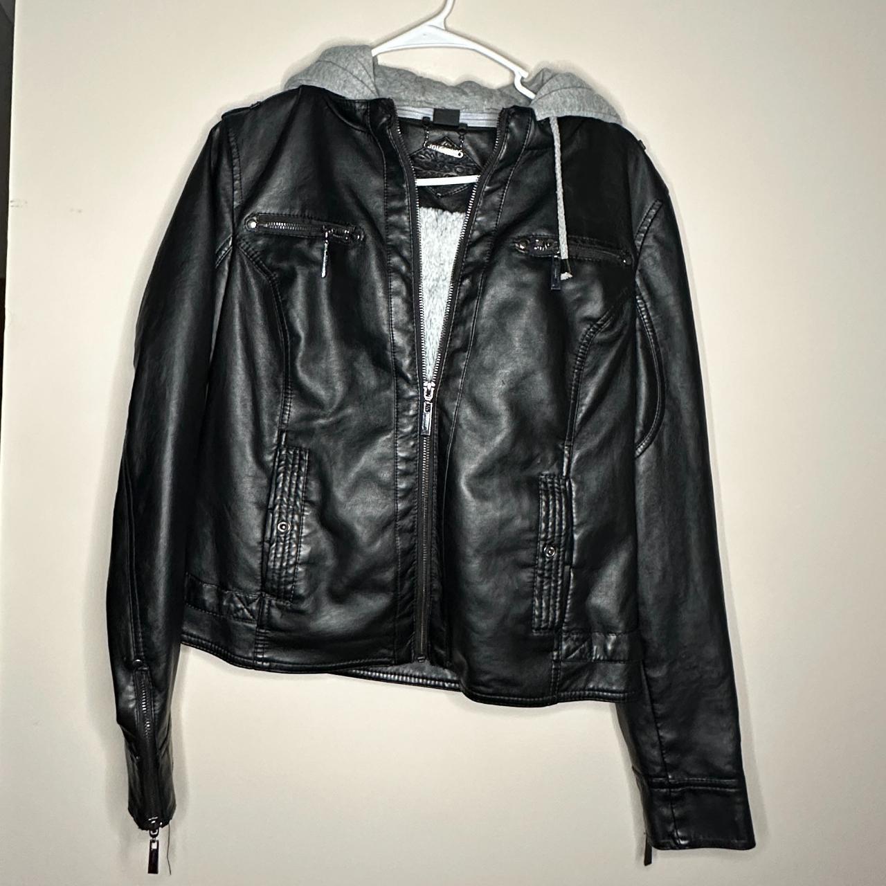 JouJou Women's Faux-Leather Hooded Moto Jacket -... - Depop