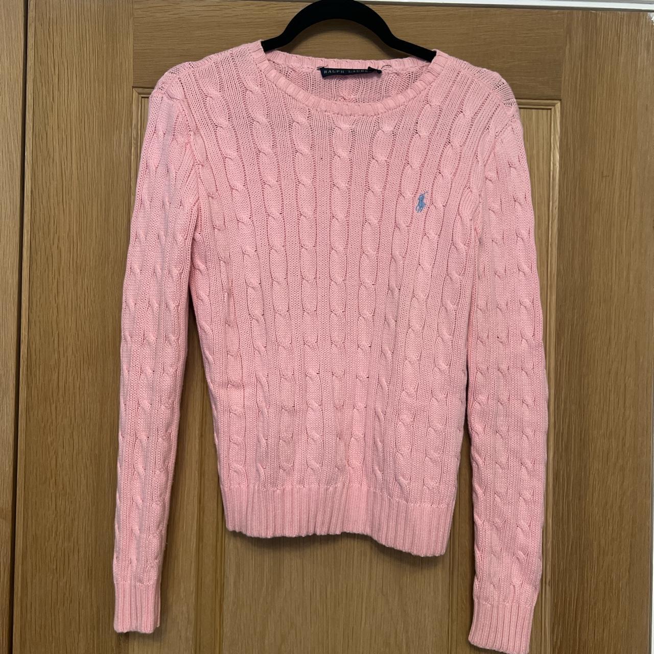 Ralph Lauren round neck cable knit baby pink jumper.... - Depop