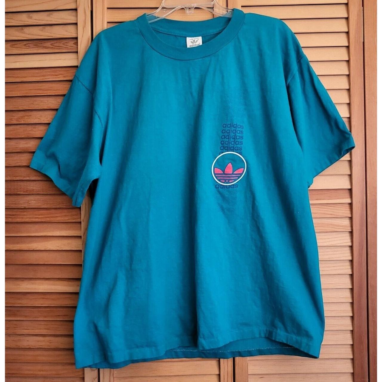 RARE Adidas 1980s Graphic Teal Green T-Shirt Tee... - Depop