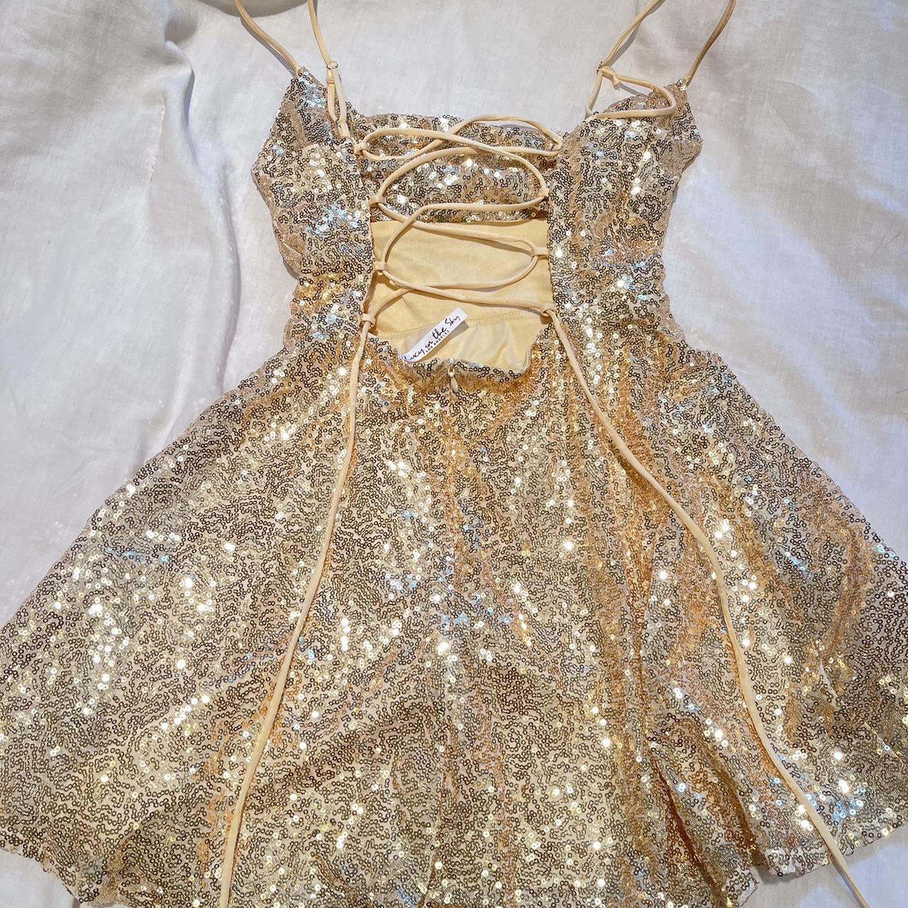 gold sequin Lucy in the sky dress! size small worn... - Depop