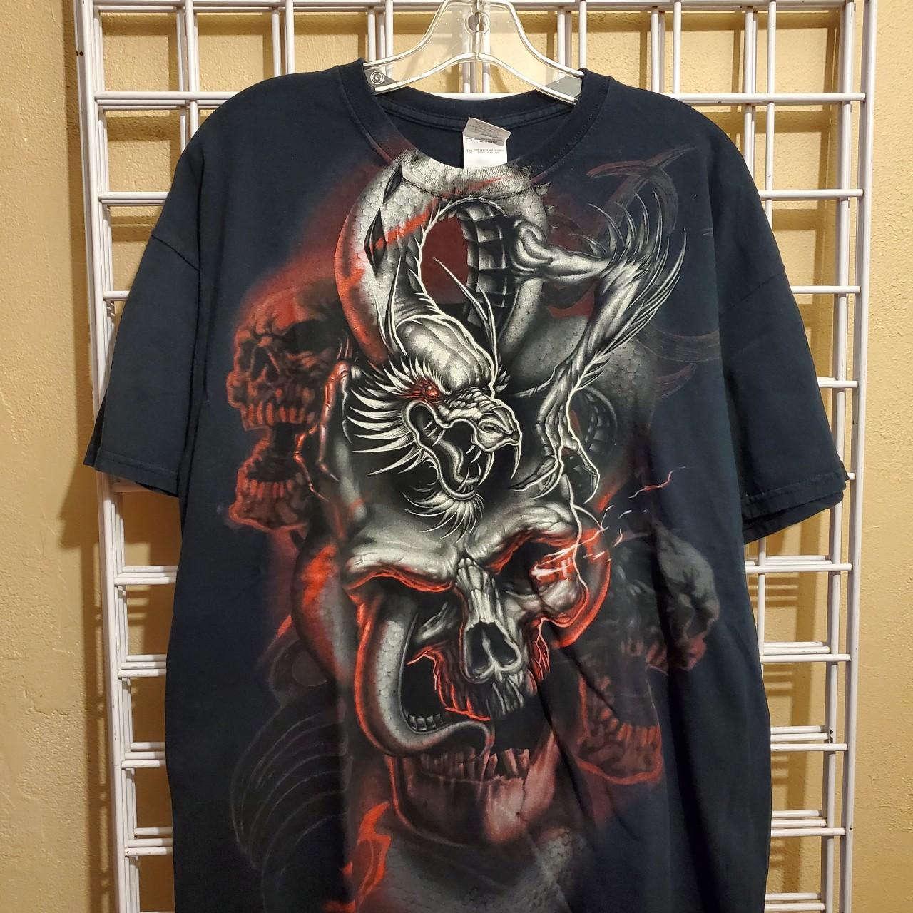 Vintage Early 2000s Y2K Skull Dragon Graphic Tee | Depop