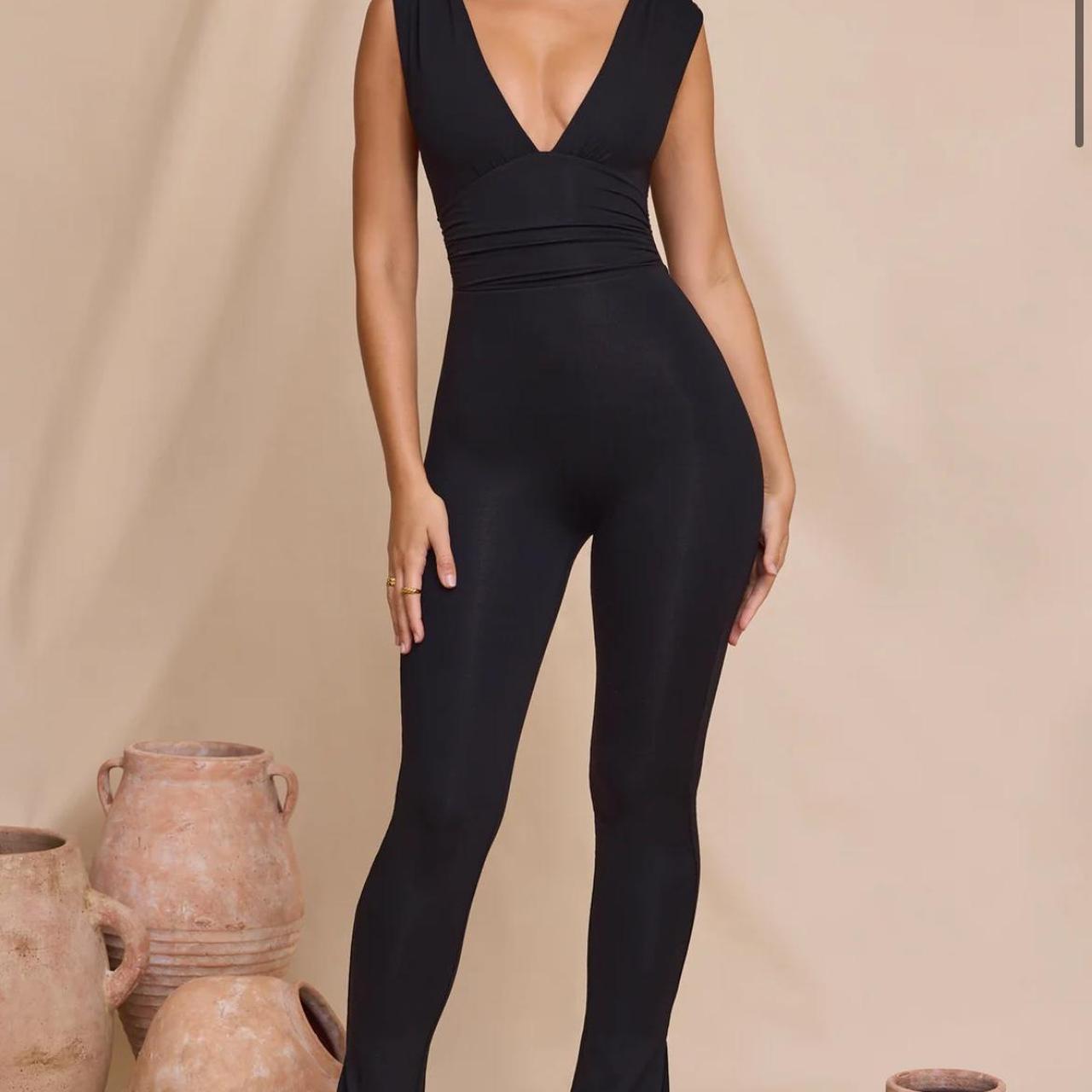 Black oh Polly Plunge Neck Ruched Waist Jumpsuit,... Depop