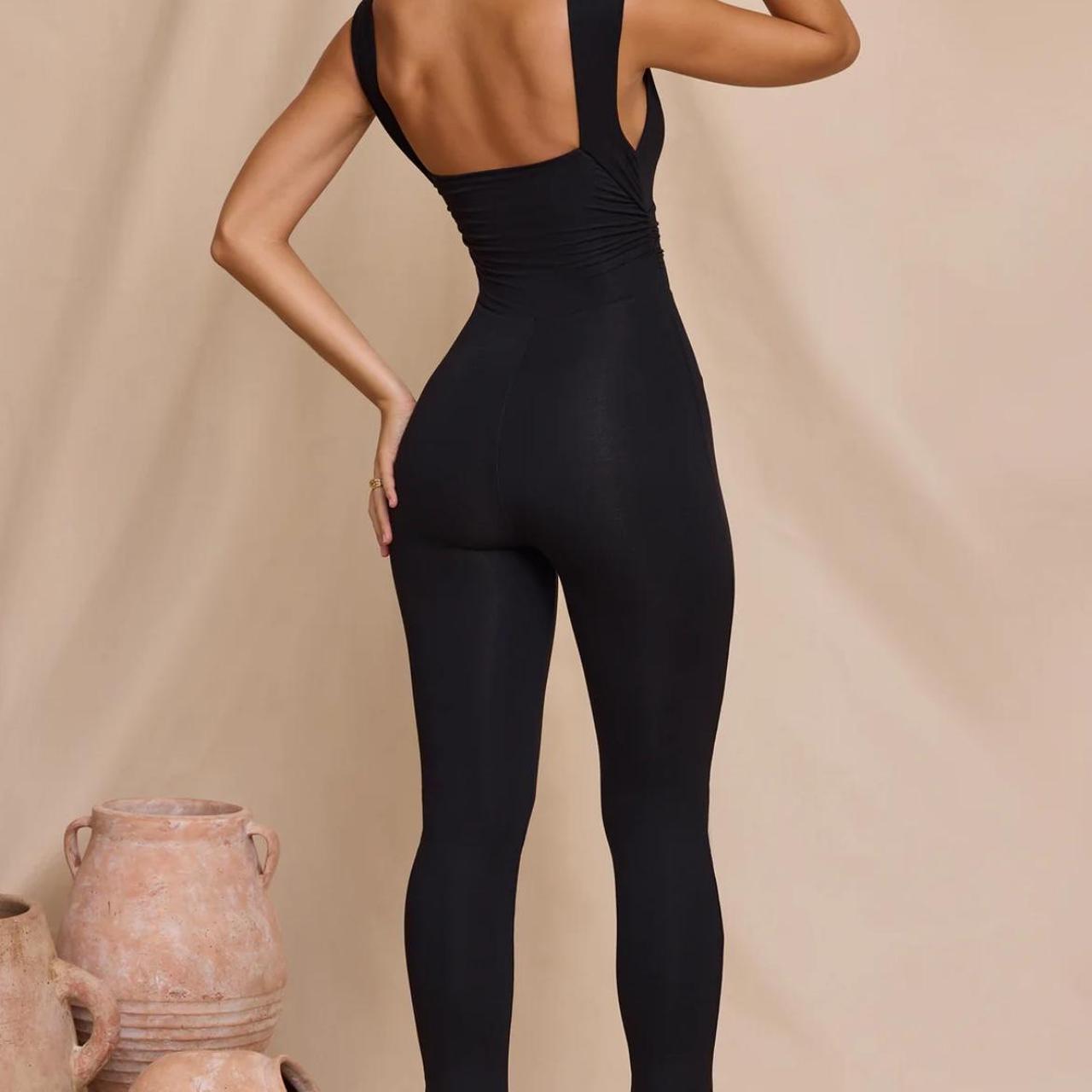 Black oh Polly Plunge Neck Ruched Waist Jumpsuit,... Depop