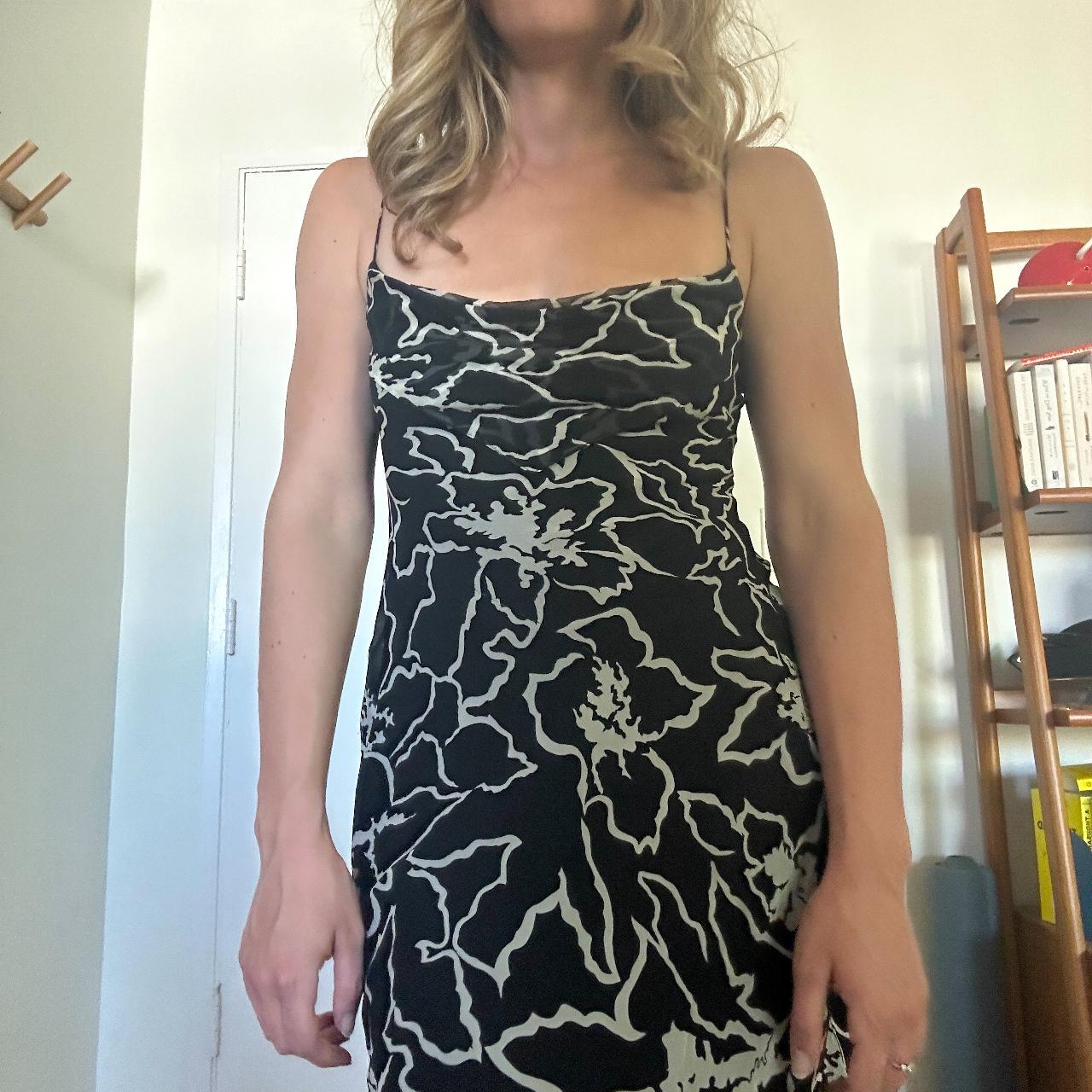 VINTAGE BLACK AND WHITE SILK FLORAL DRESS Black silk... Depop