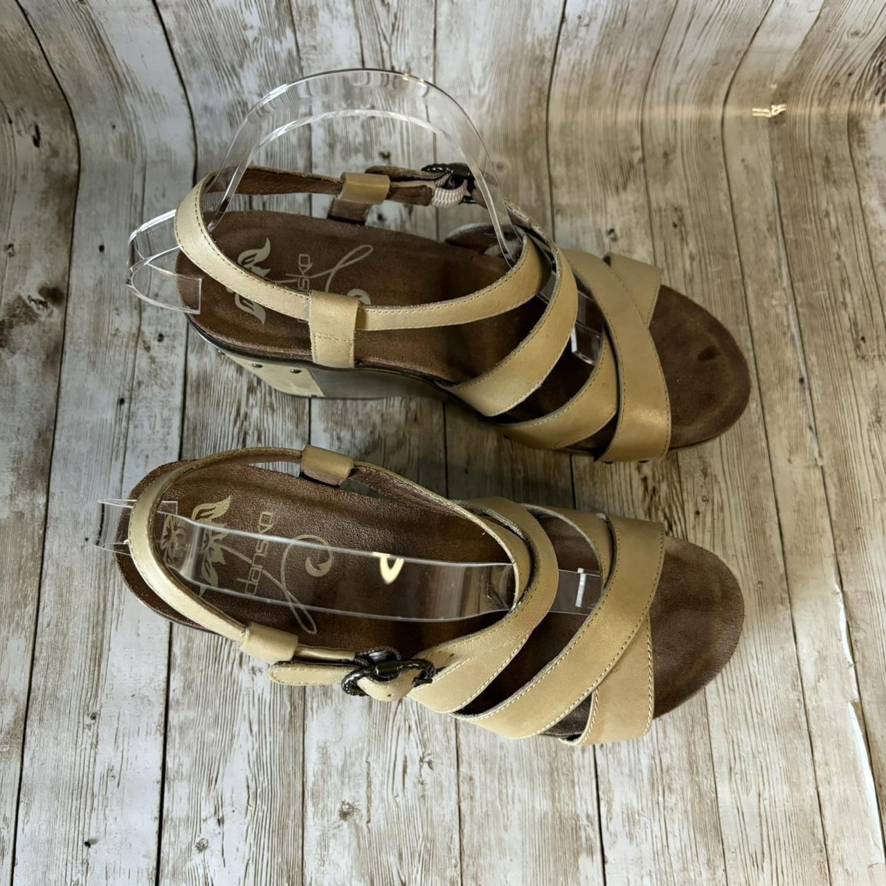 Dansko Sand Antique Frida Wedge Sandal Heel Strappy