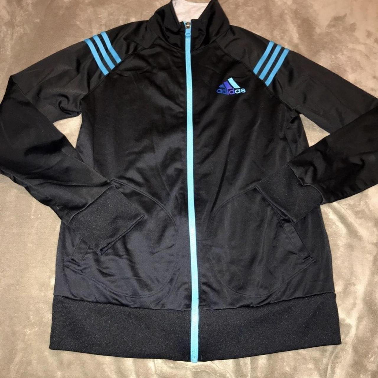 adidas black jacket with blue stripes