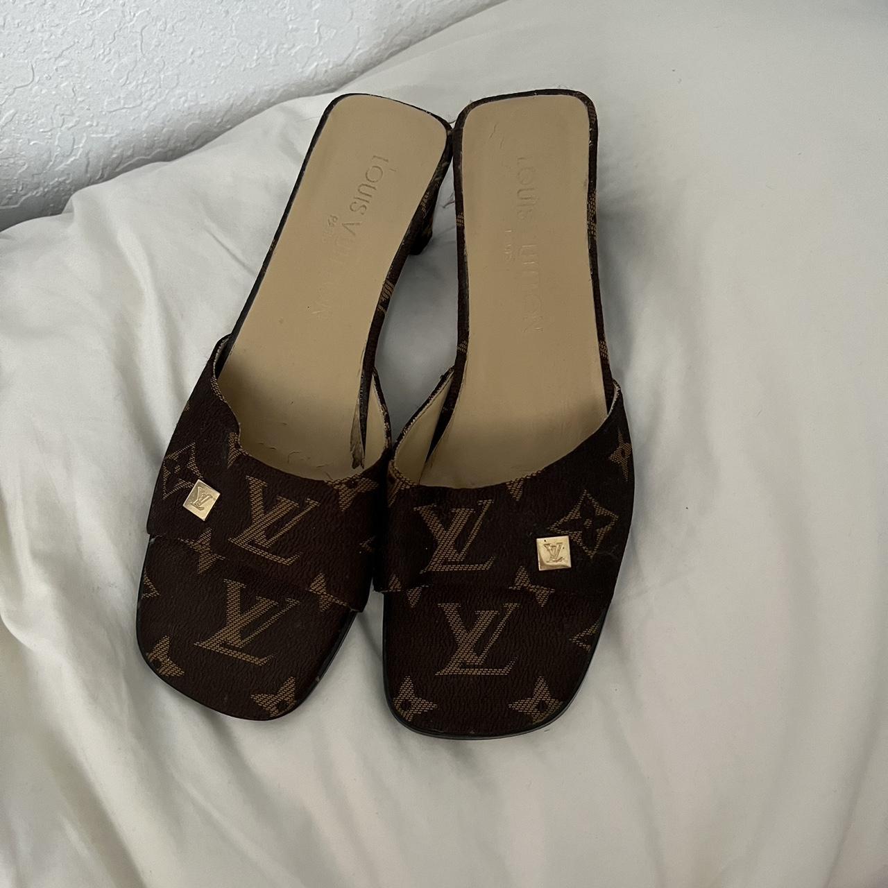 Louis Vuitton camel color sandals in size 7. Chunky - Depop