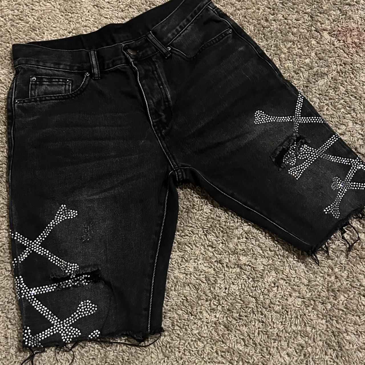 Black custom rhinestone bone jorts - Depop