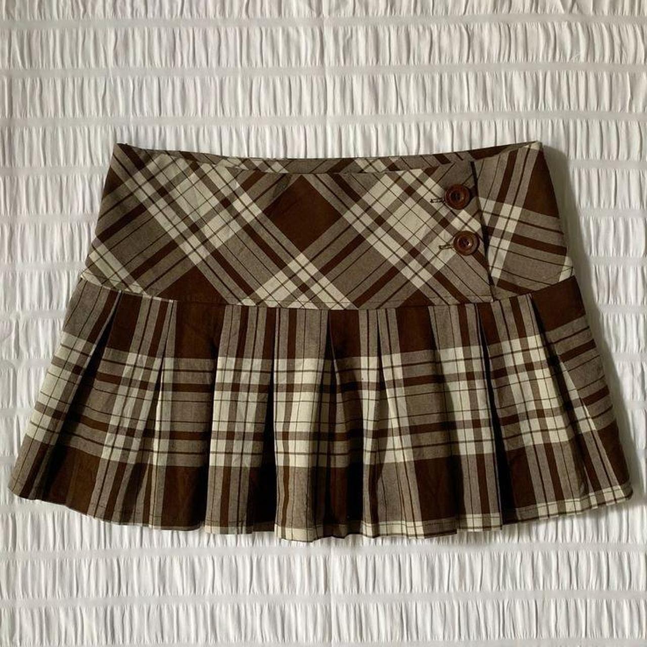 Y2K Brown Plaid Pleated Mini Skirt... - Depop