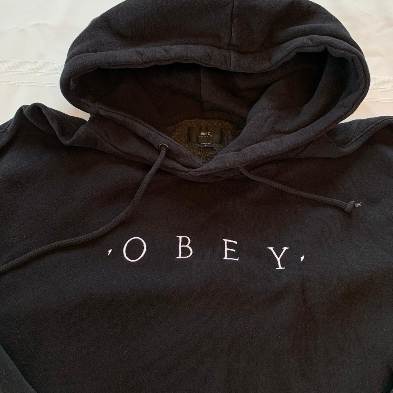 men's large black obey hoodie thick fabric, great... Depop