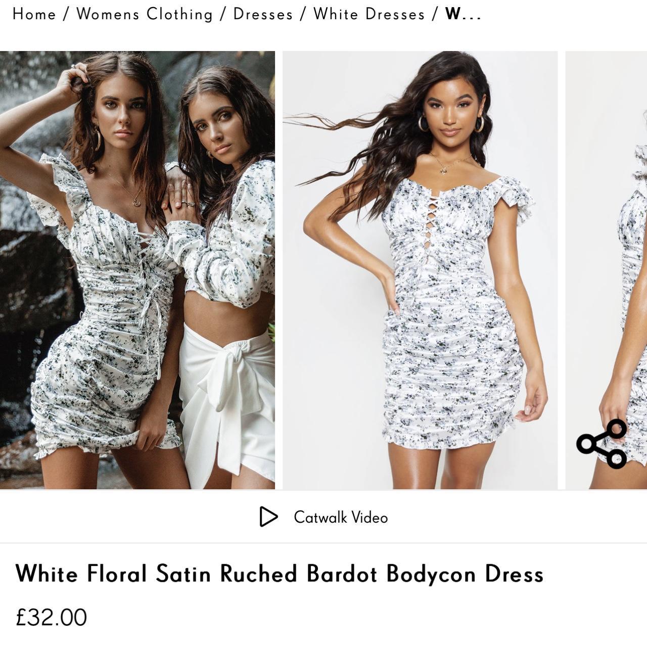 White Floral Satin Ruched Bardot Bodycon Dress