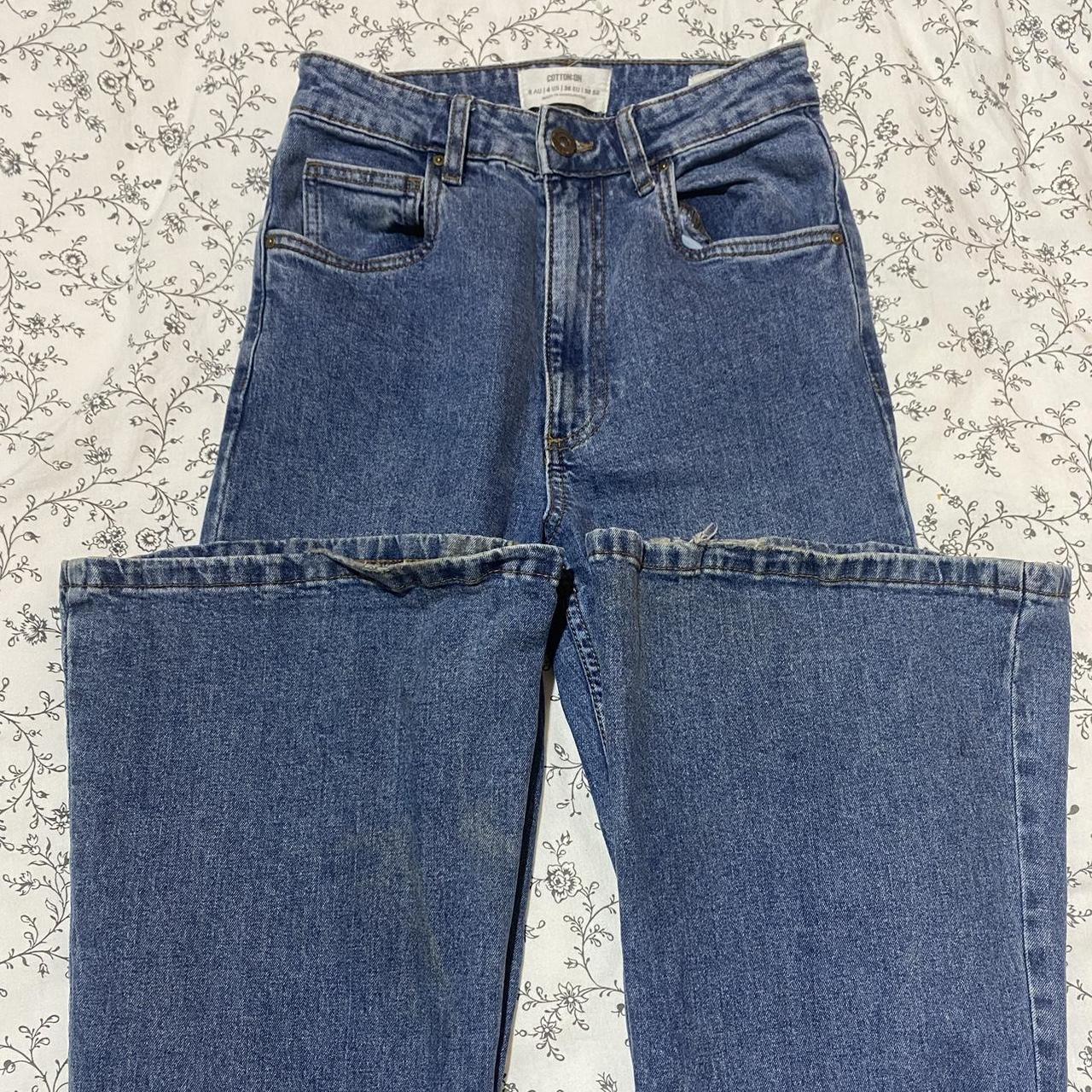 high rise flare jeans in medium wash with some wear... - Depop