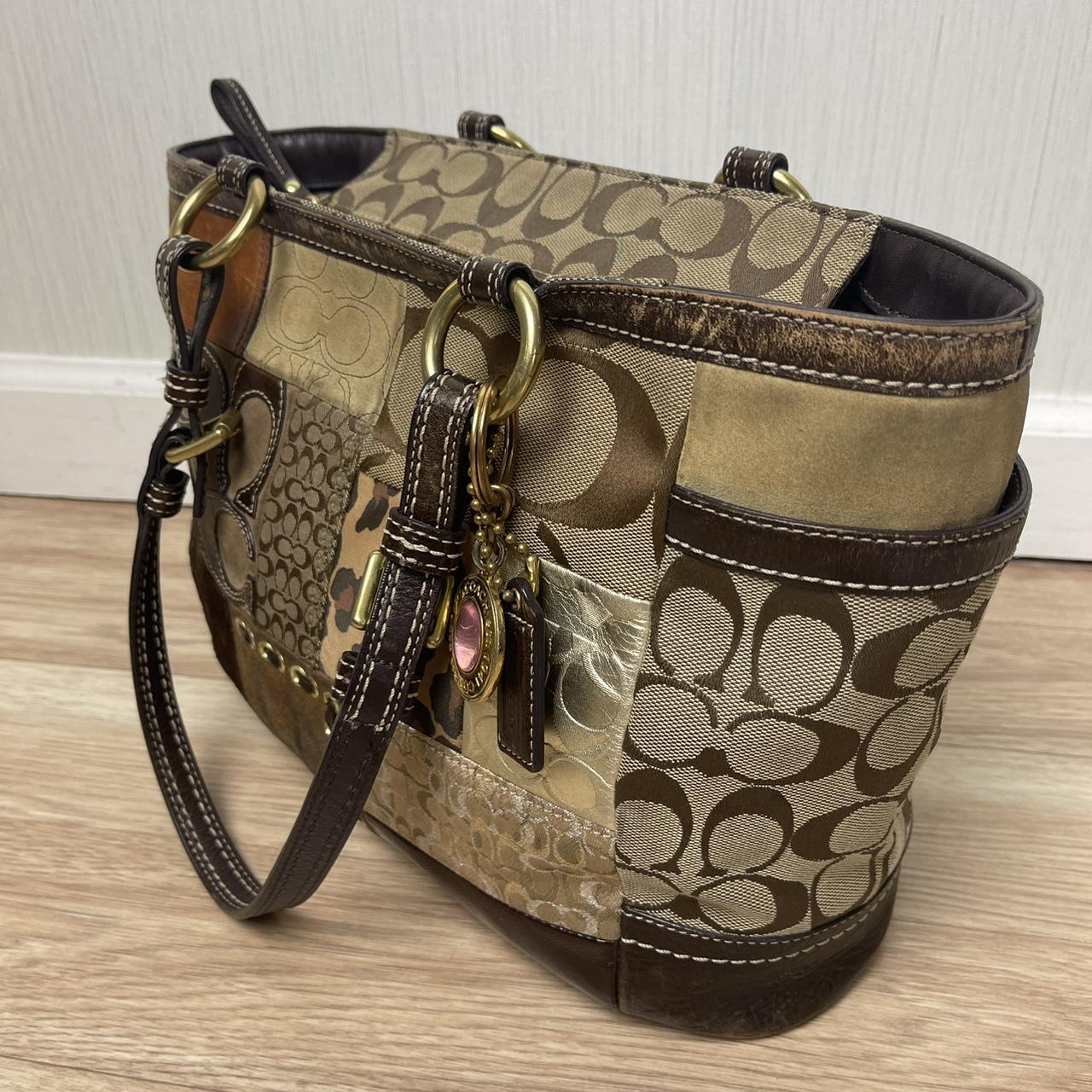 美品✨COACH Patchwork Accessory Pouch 40928 Coach Brown Signature mini accessory pouch Double Turn lock Brown