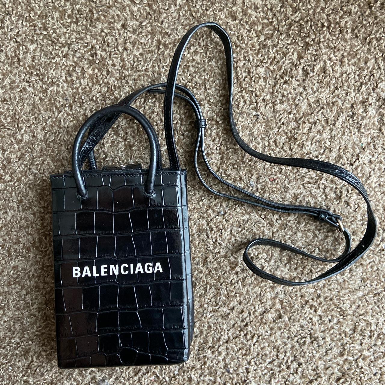 Balenciaga Leather Phone Holder Shopping Crossbody Bag Black
