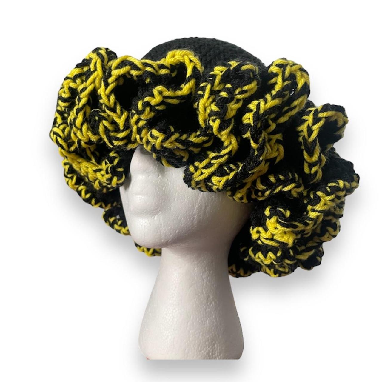 Handmade Crochet Ruffle Hat Black Yellow Crochet Depop