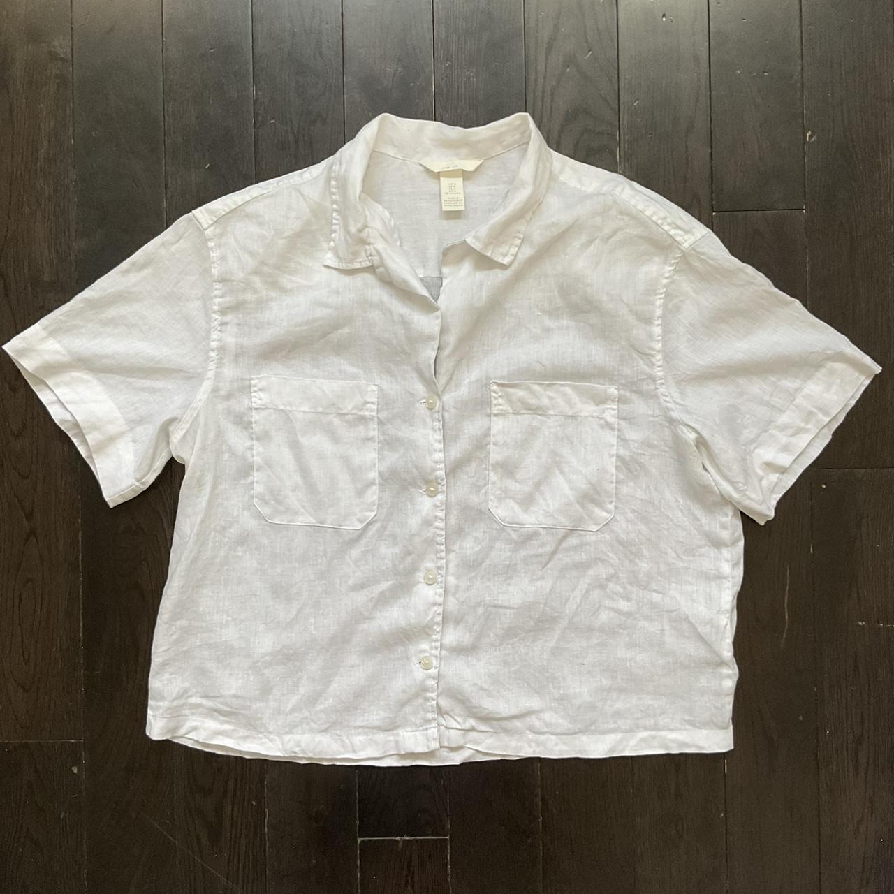 H&M White Linen Collard Camp Short Sleeve Shirt Sz... Depop