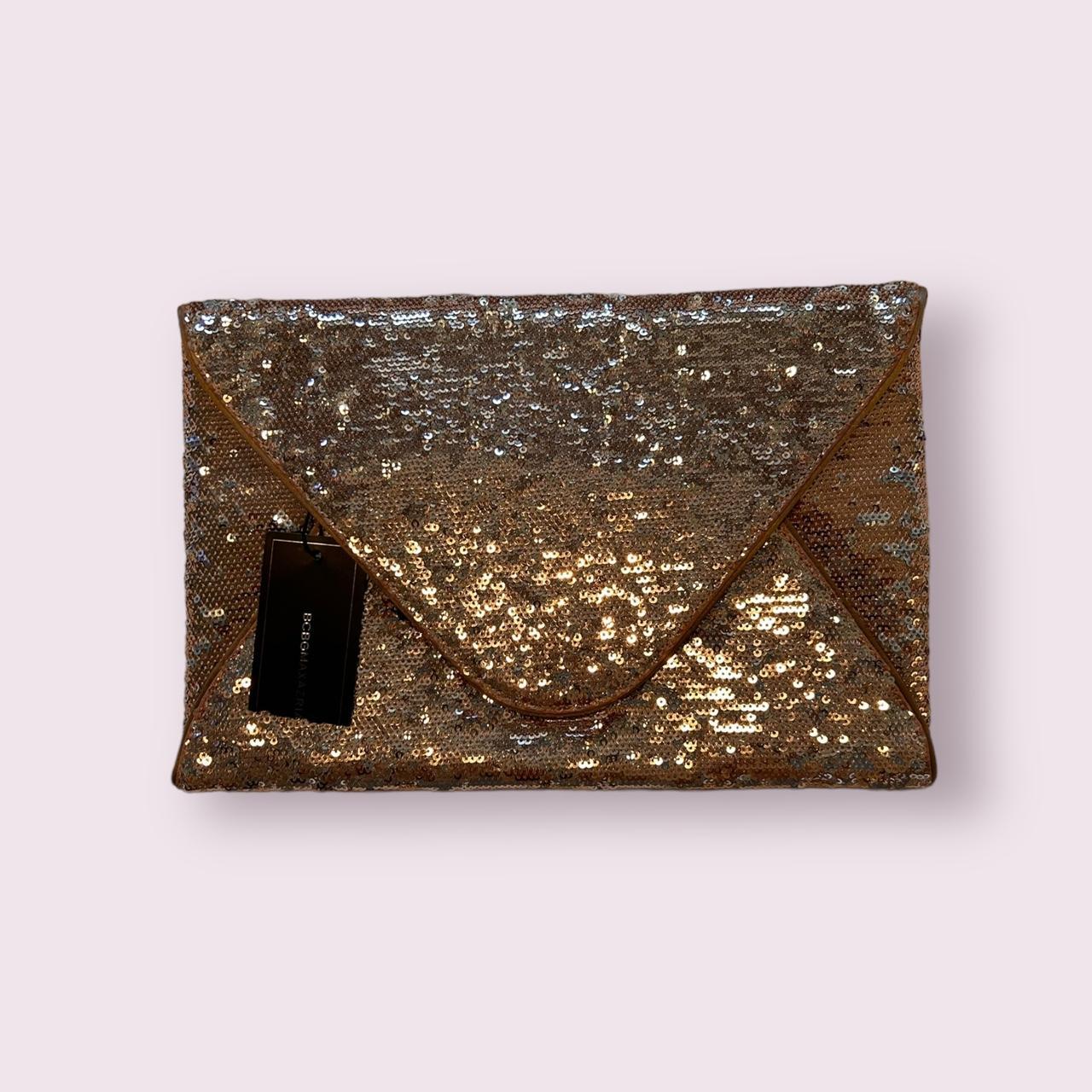 BCBGMAXAXRIA Gold sequin clutch with magnet closure. Depop