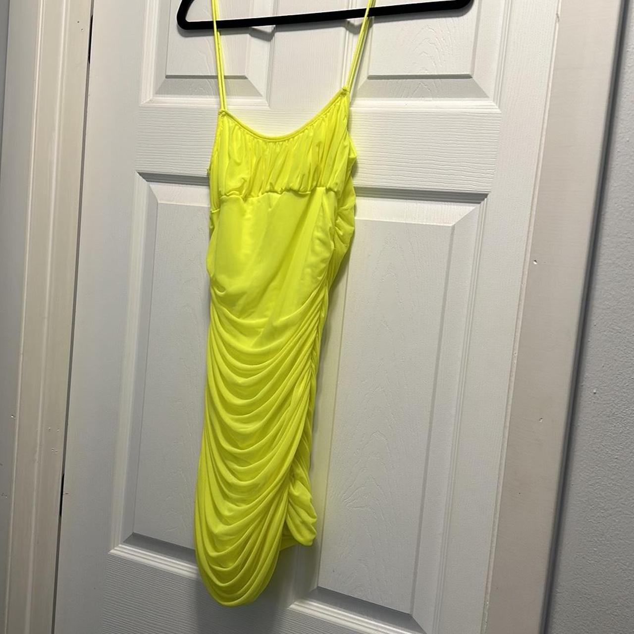 Neon yellow bodycon dress with ruched details Depop