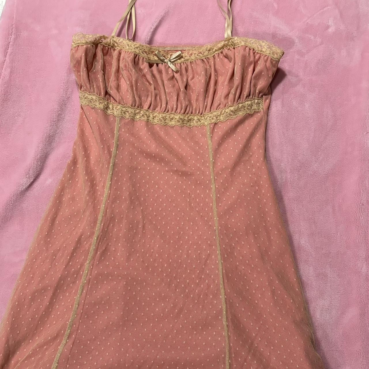 Peach cider dress with lace, frills, and a bow!... - Depop