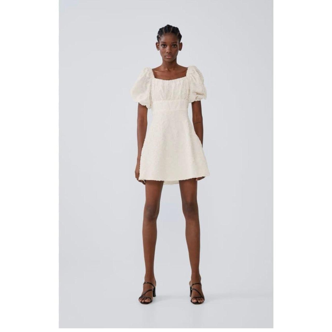 Zara NWOT Textured mini dress puff sleeve size... - Depop