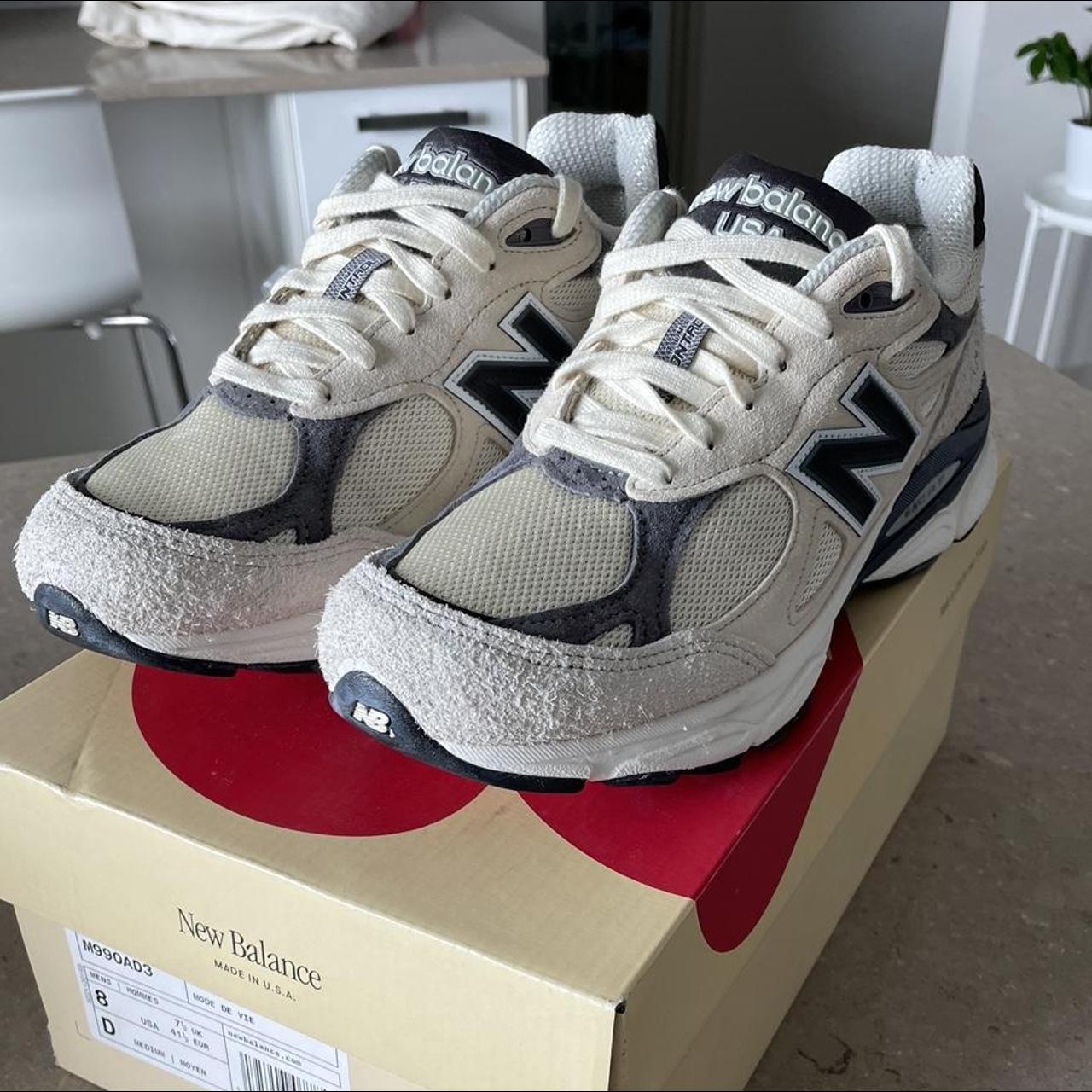 New Balance Men's Cream and Navy Trainers | Depop