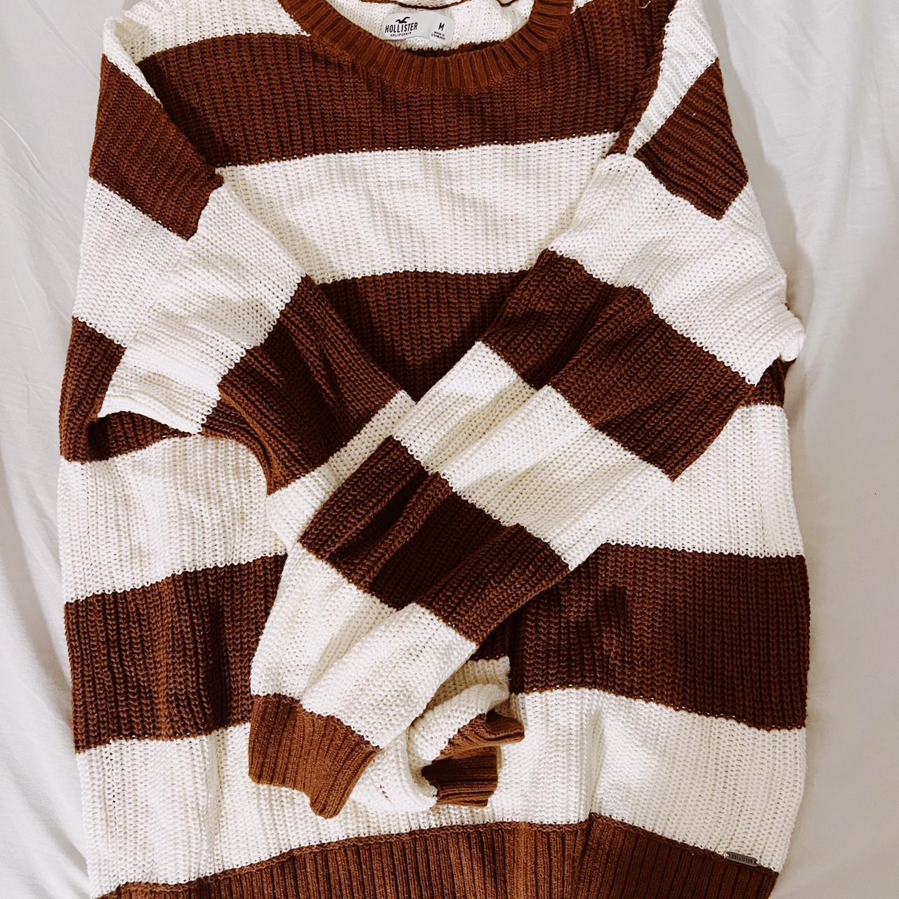 hollister brown and white knit sweater - size:... - Depop