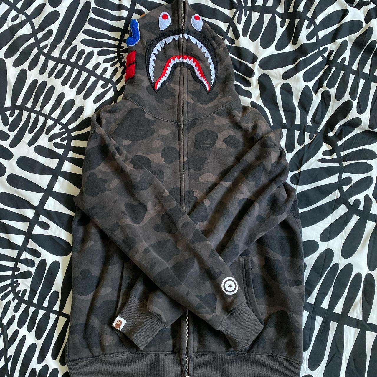 BAPE black and grey camo shark zip up hoodie size L Depop