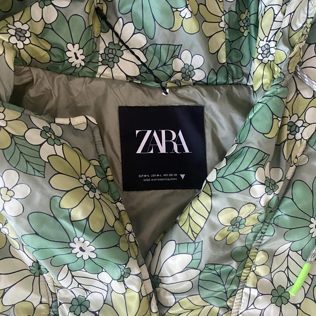 zara green floral puffer jacket size - M/L | Depop
