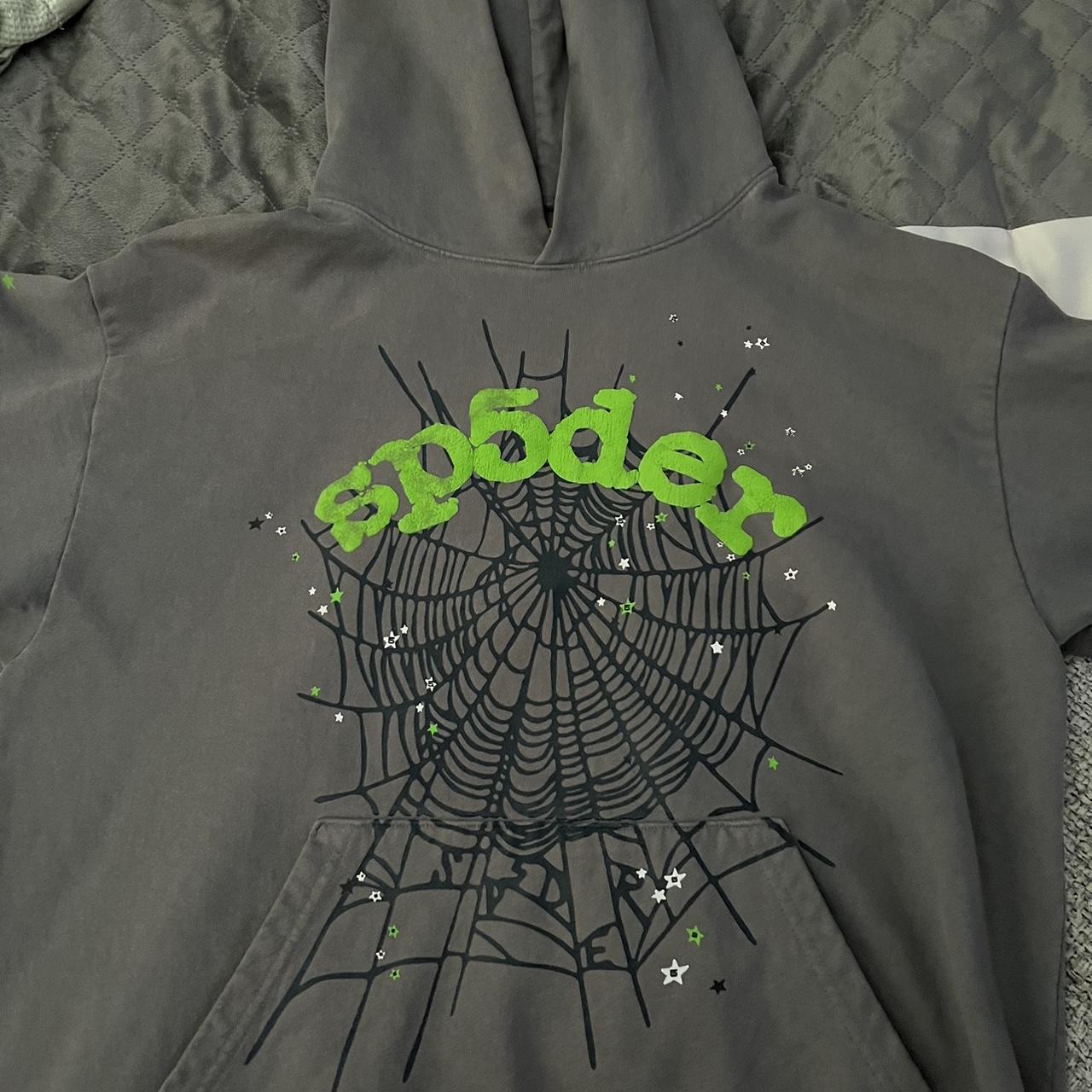 Sp5der worldwide hoodie grey n green few stains but... - Depop