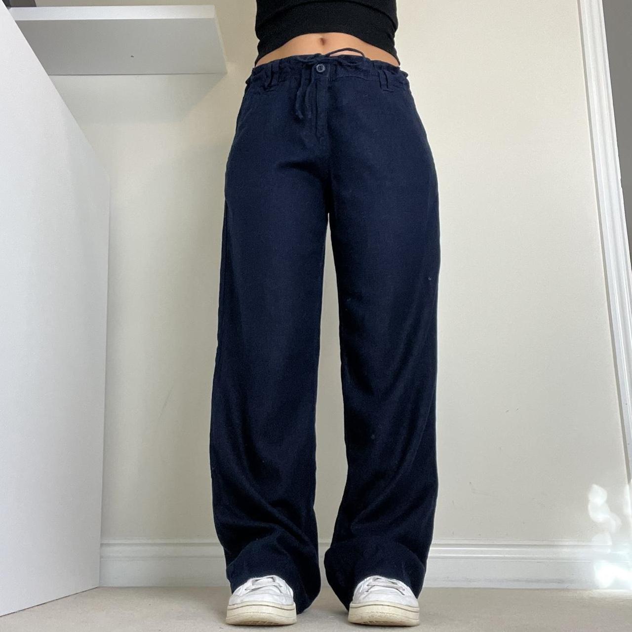 Navy blue linen trousers with drawstring waist ... - Depop