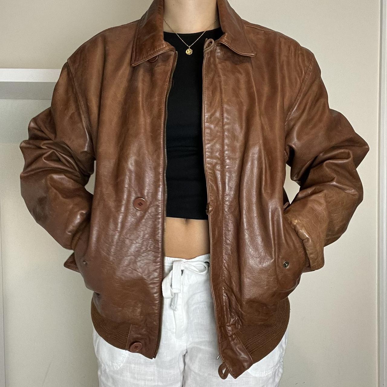 Vintage brown leather bomber jacket Vintage 90s... - Depop