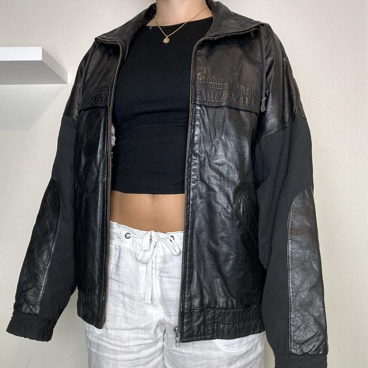 Vintage black leather bomber jacket Vintage 90s... - Depop
