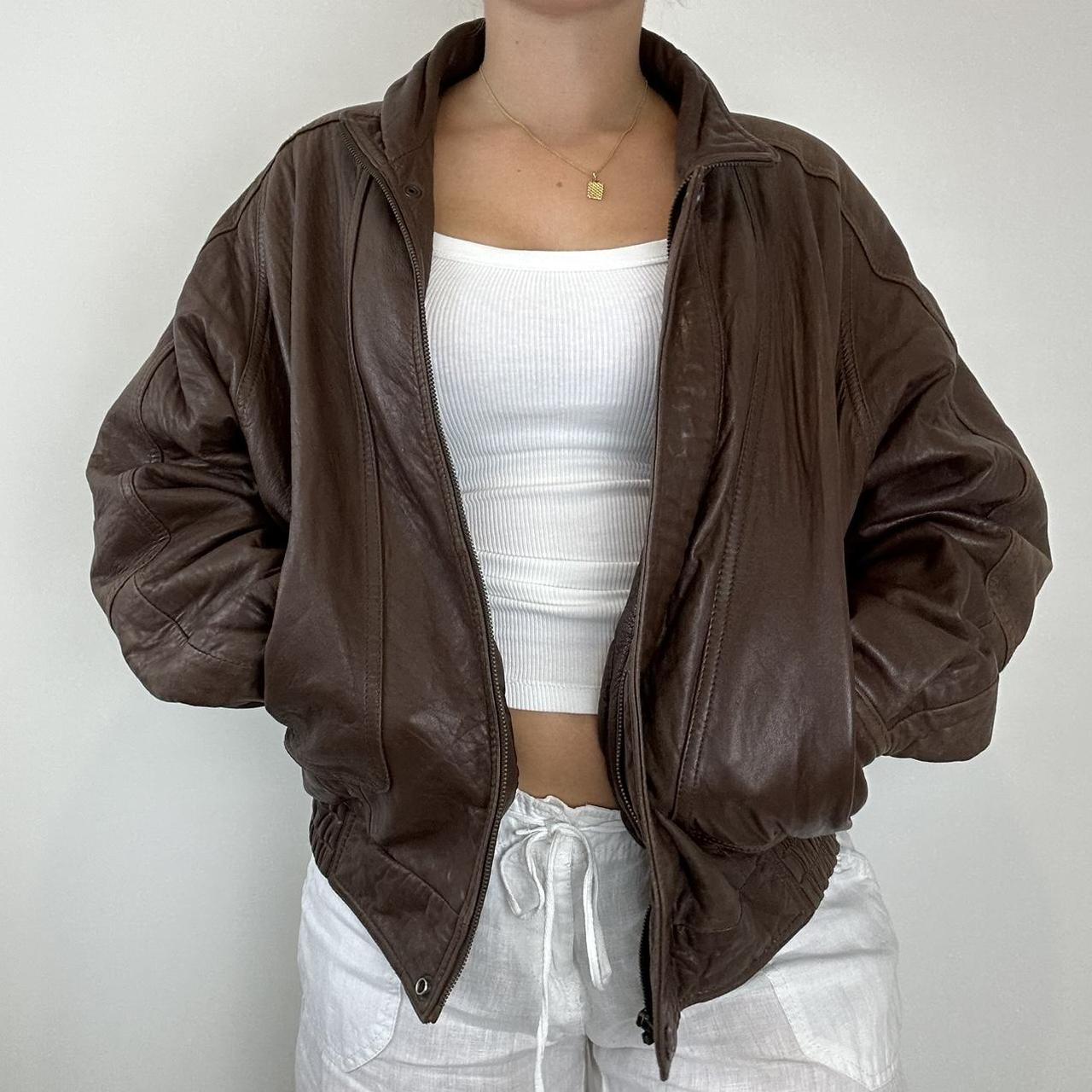 Vintage brown leather bomber jacket Vintage 90s... - Depop