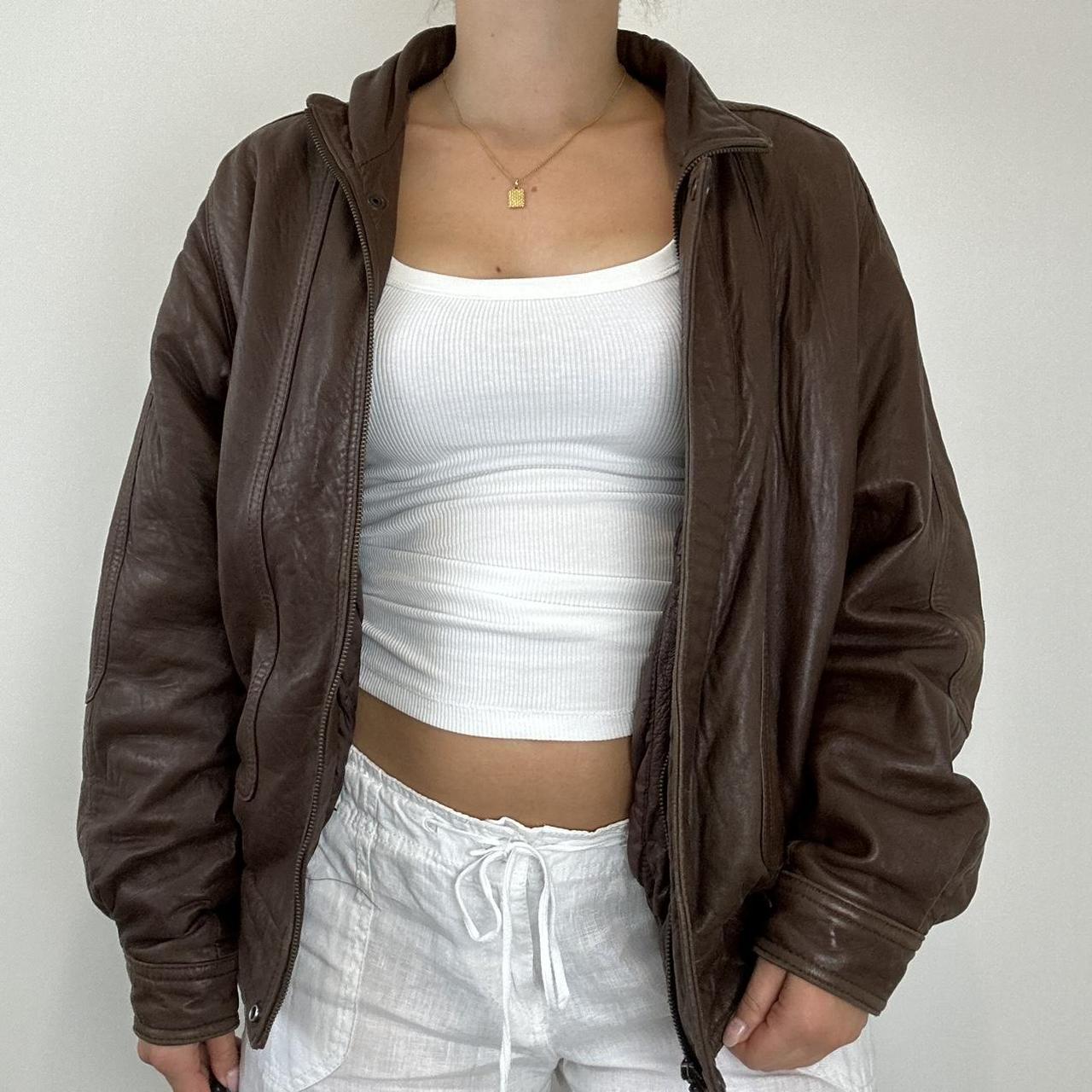 Vintage brown leather bomber jacket Vintage 90s... - Depop