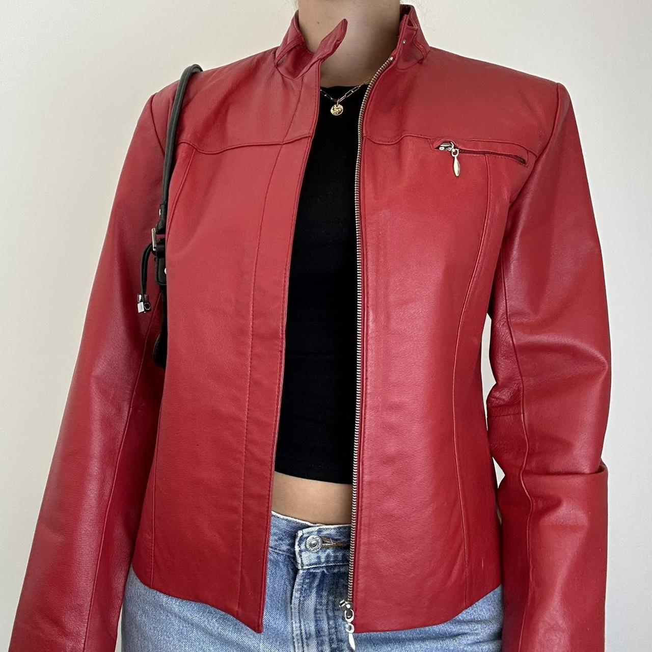 Vintage red leather zip up jacket Size 12- Shown... - Depop