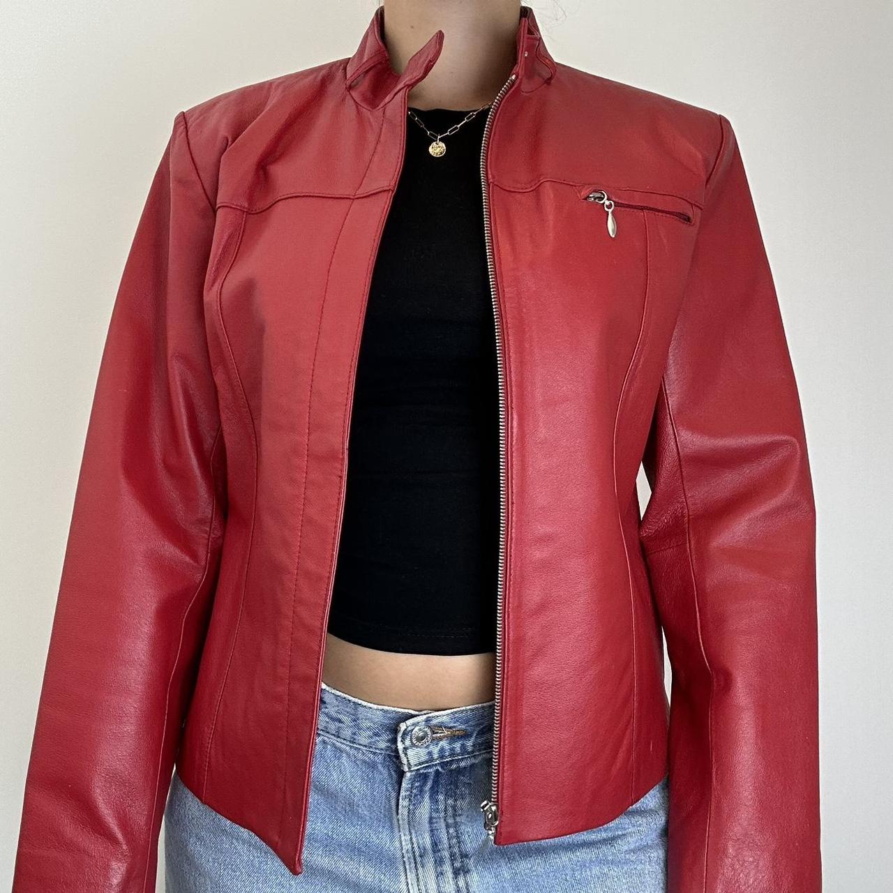 Vintage red leather zip up jacket Size 12- Shown... - Depop