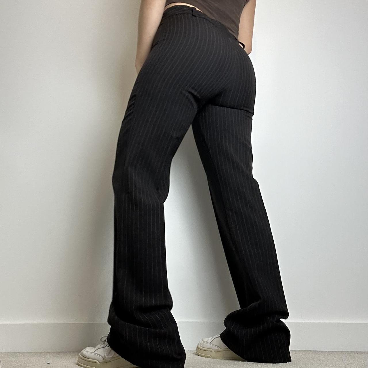 Vintage black and pink pinstripe flared trousers... - Depop