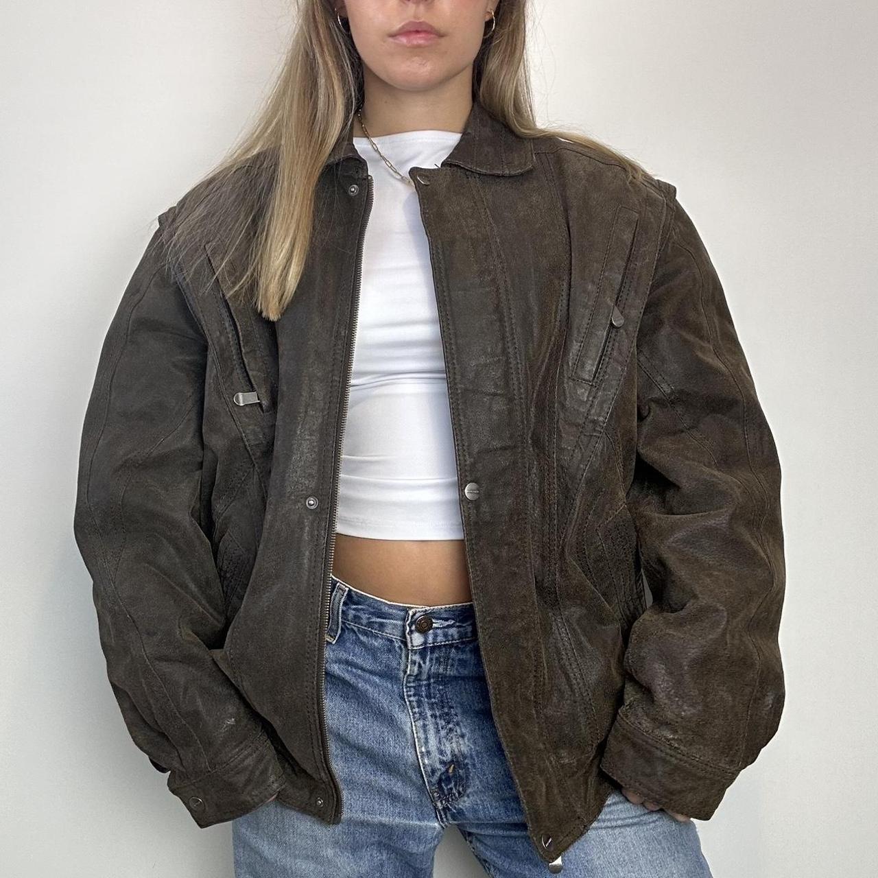 Vintage Brown Distressed Leather Oversized Bomber... - Depop