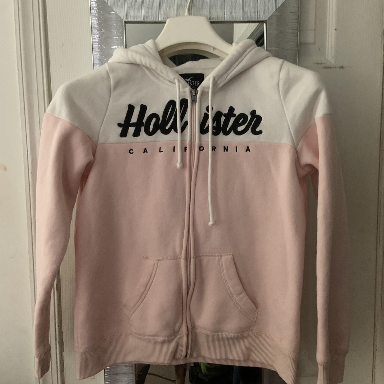 WOMEN S HOLLISTER PINK AND WHITE ZIP UP HOODIE